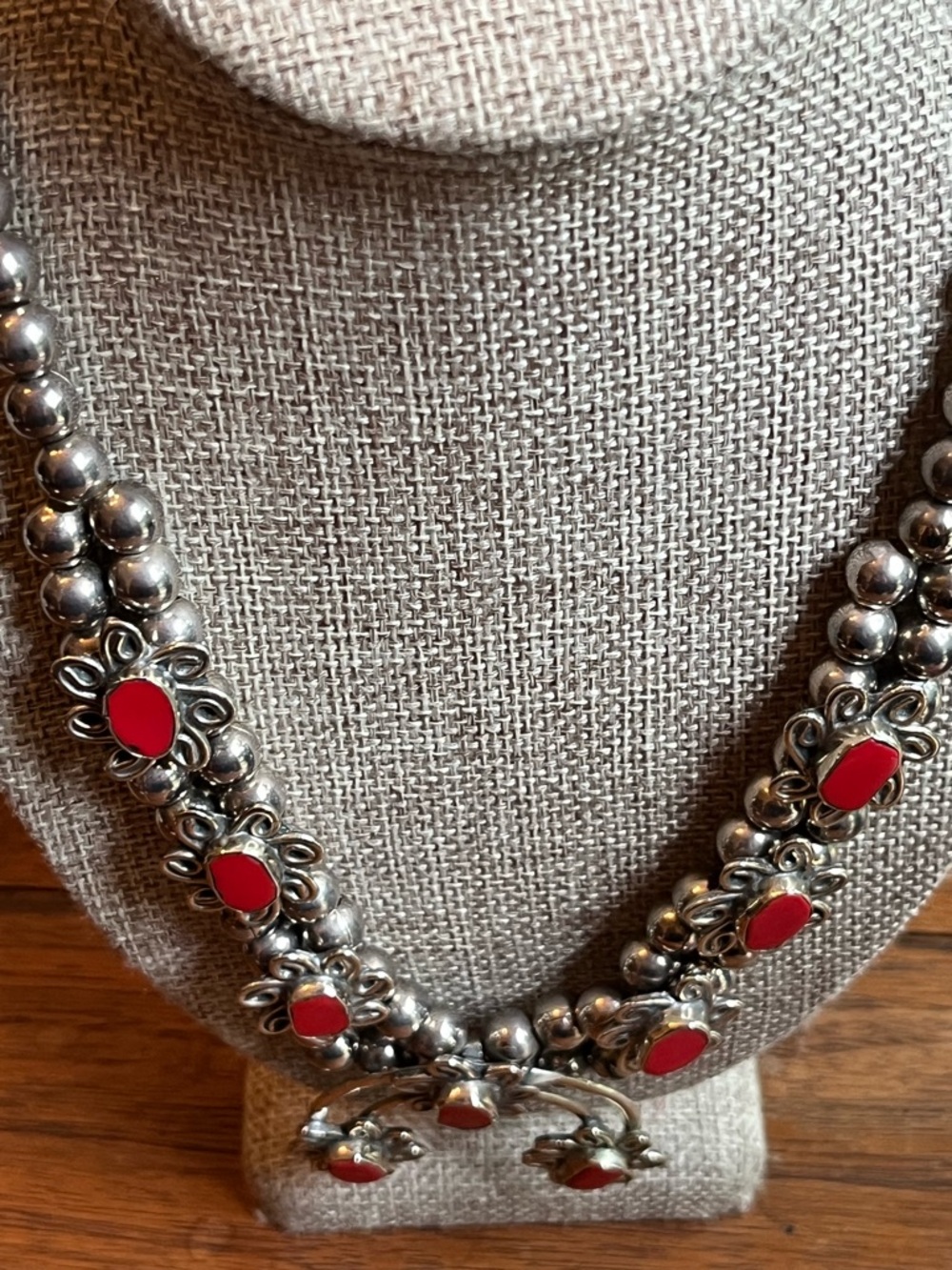 Sterling Silver Squash Blossom Necklace with Coral Stone Accents! - Picture 4 of 7